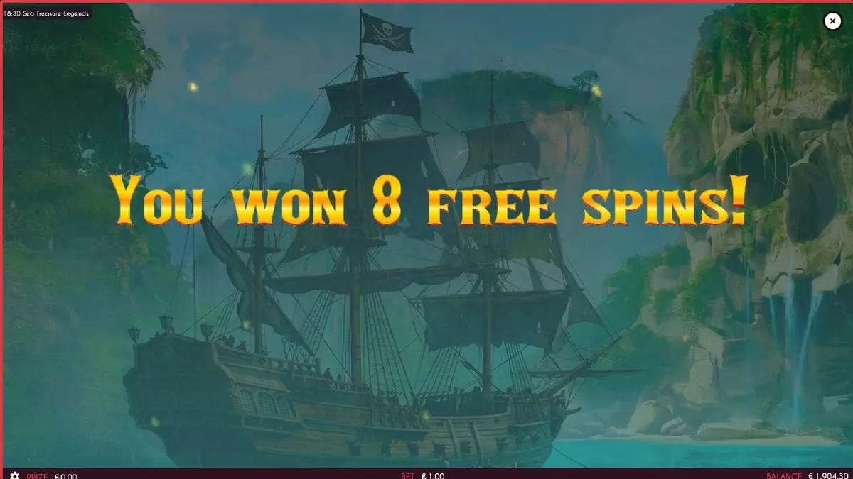 Tampilan layar game slot Sea Treasures Legend dengan kapal bajak laut dan harta karun