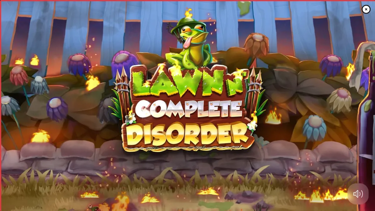 Tampilan antarmuka mobile slot Lawn N’ Complete Disorder dengan tema taman yang terbakar